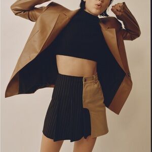 Bershka Mixed Material Khaki Pinstripe Mini Skirt Size Small